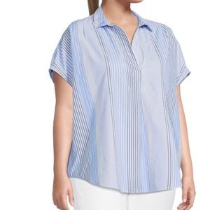 NWT Plus French Connection Cele Rhodes BLUE & White Striped Poplin Top Size 1X